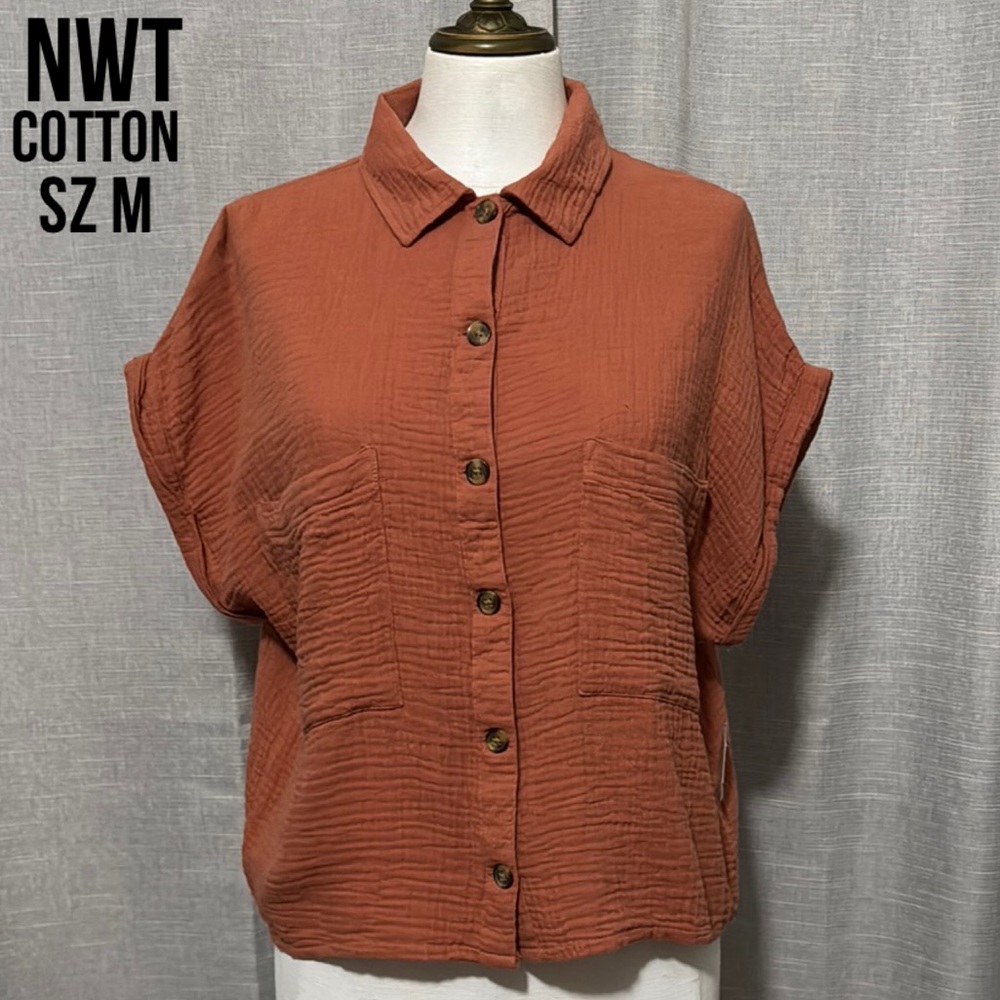 NWT SO brand Cotton Button Front Shirt-Sz M-Relaxed Boxy Fit-Rusty Orange Color